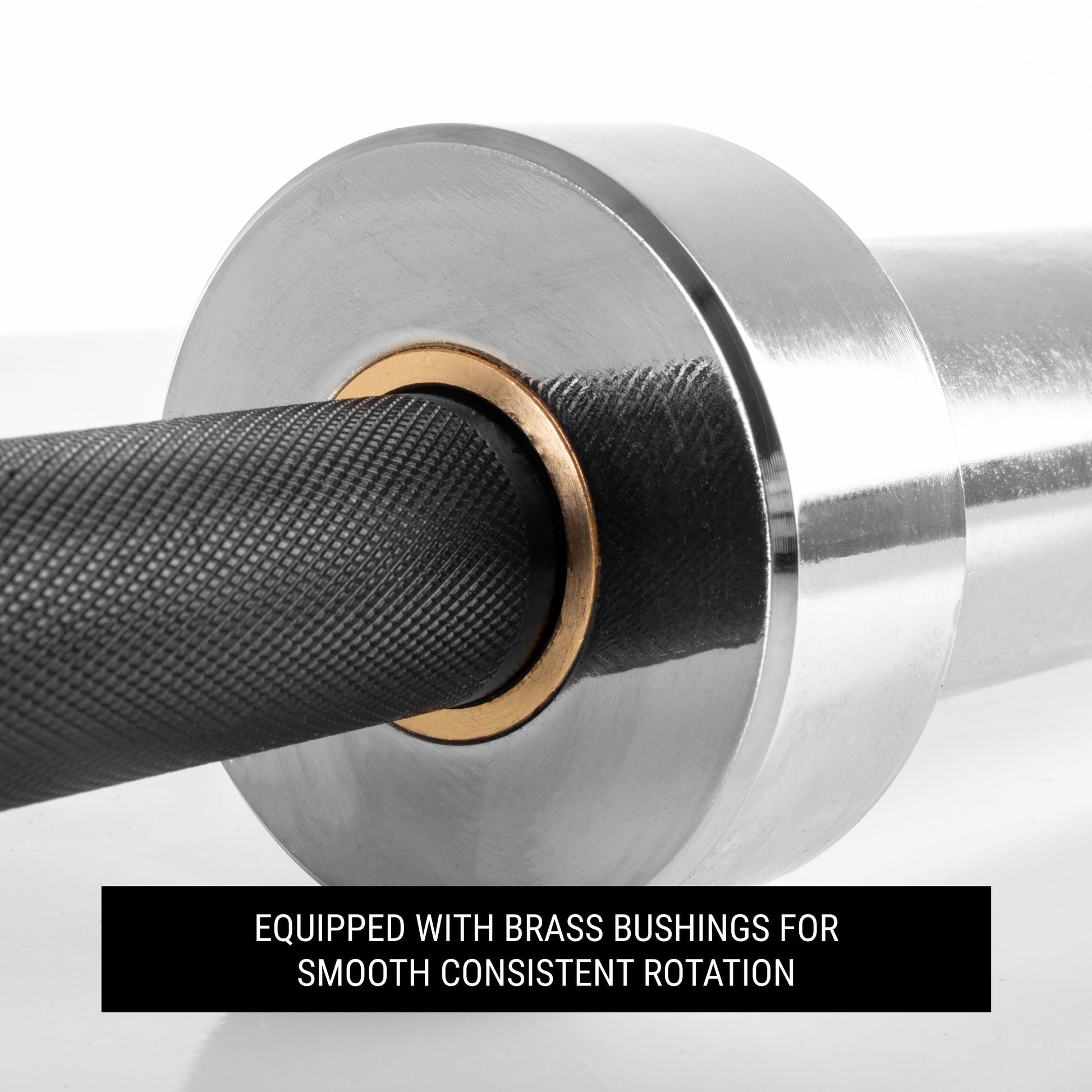 Close-up of Blacksmith 7ft Olympic Barbell showing brass bushings for smooth consistent rotation.