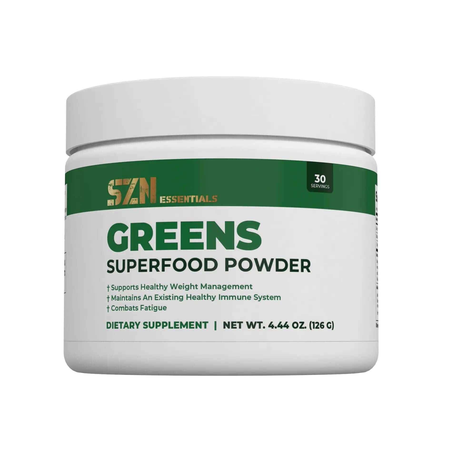 SZN Greens Superfood Powder container, dietary supplement for wellness, weight management, and immune support.