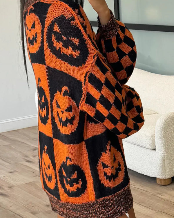 Exposed Seam Pumpkin Round Neck Long Sleeve Sweater