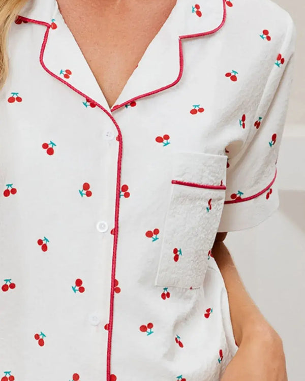 Cherry Print Collared Neck Top and Shorts Lounge Set