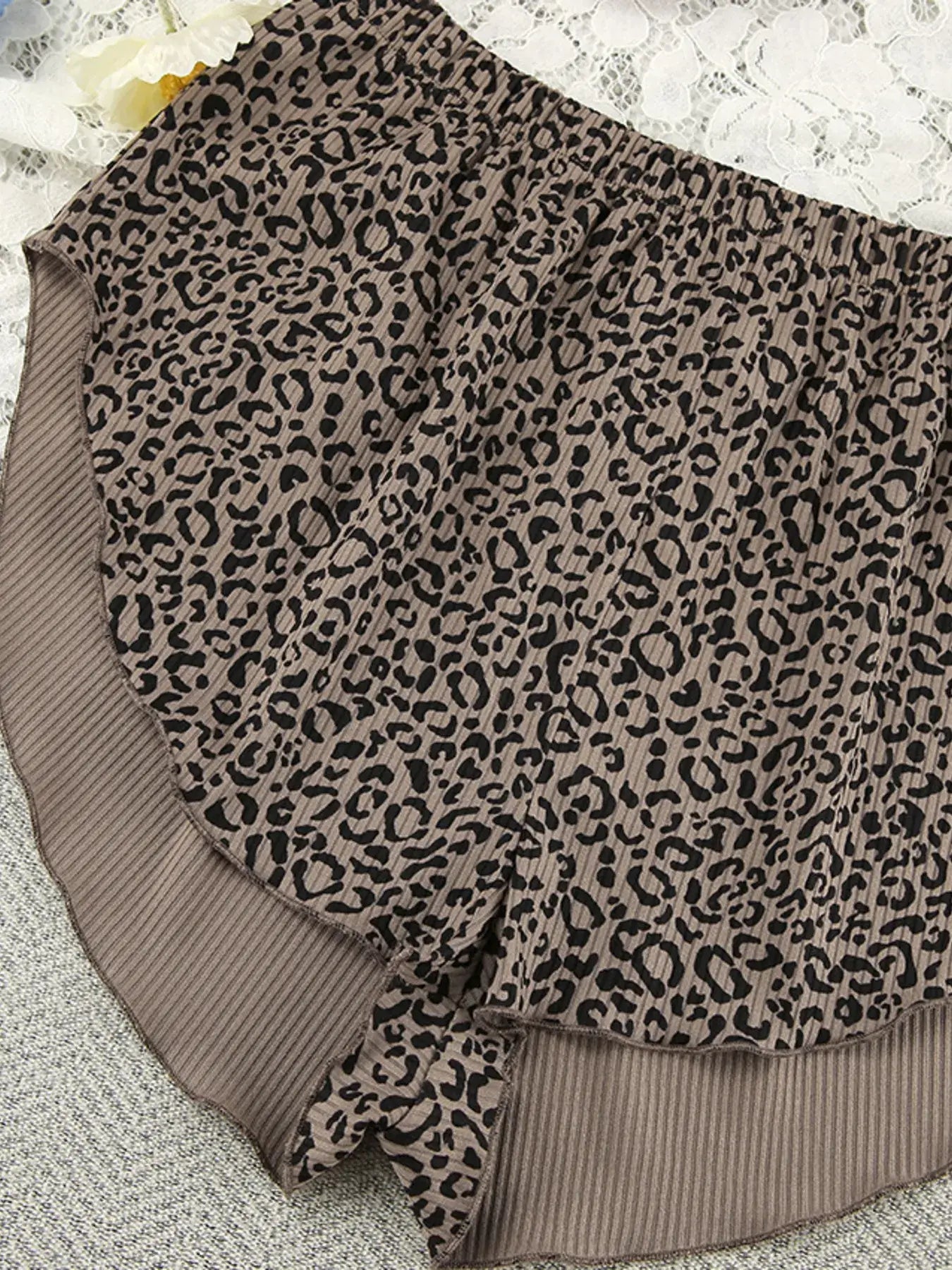 Leopard Cami Cardigan and Shorts 3-Piece Set shorts featuring elastic waist and leopard print design.