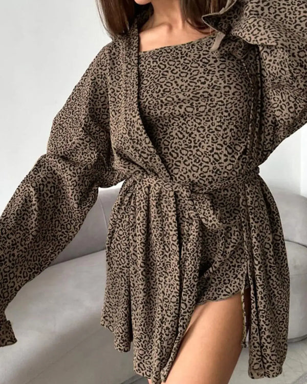 Leopard Cami Cardigan and Shorts 3-Piece Set