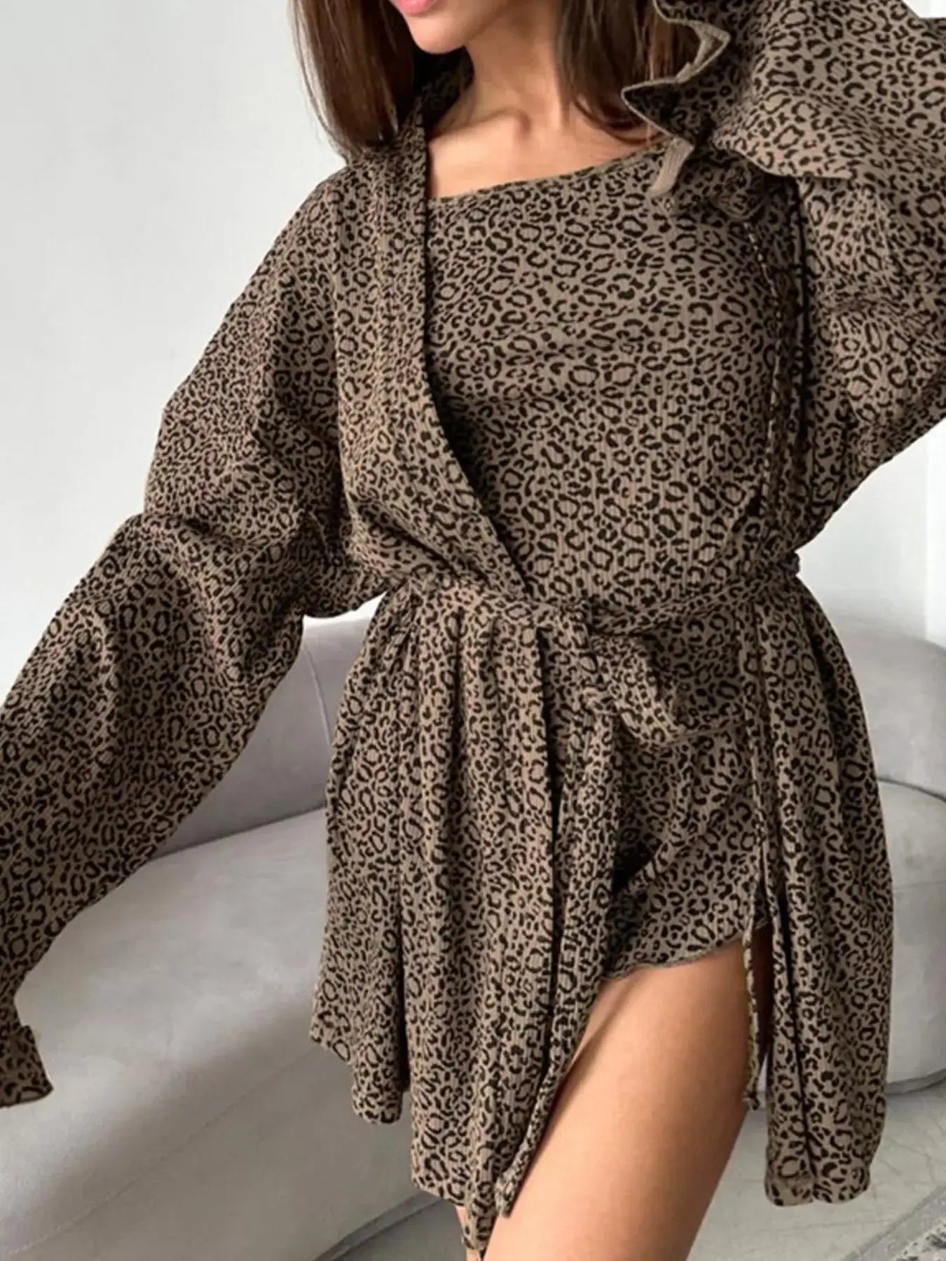 Leopard Cami Cardigan and Shorts 3-Piece Set featuring a stylish leopard print design and flowing sleeves.