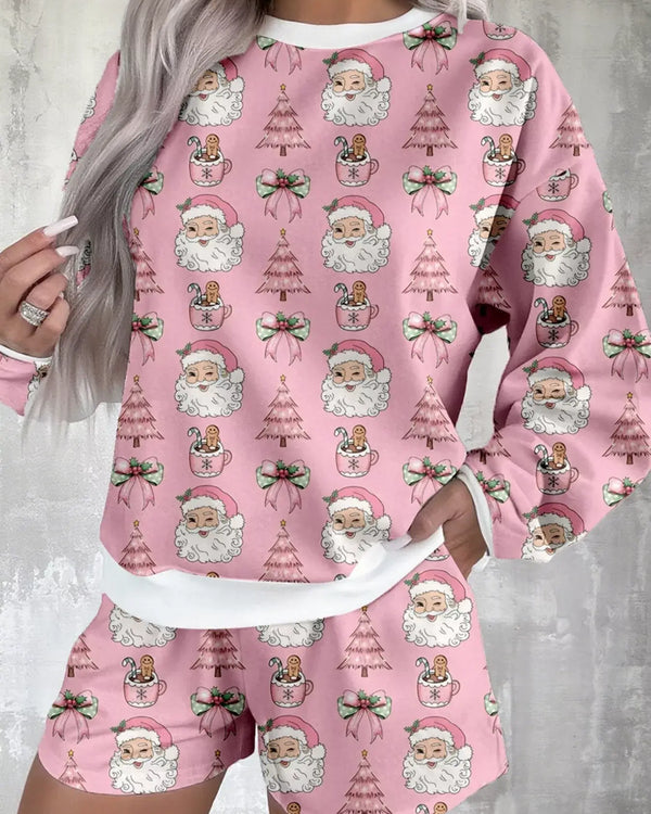 Christmas Santa Print Round Neck Top and Shorts Lounge Set featuring festive patterns and comfortable design.