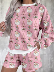 Christmas Santa Print Round Neck Top and Shorts Lounge Set featuring festive patterns and comfortable design.