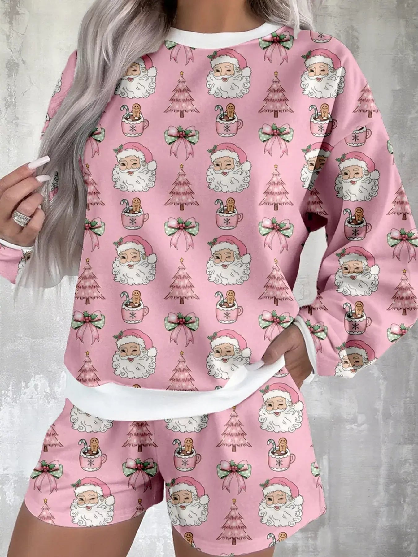 Christmas Santa Print Round Neck Top and Shorts Lounge Set featuring festive patterns and comfortable design.