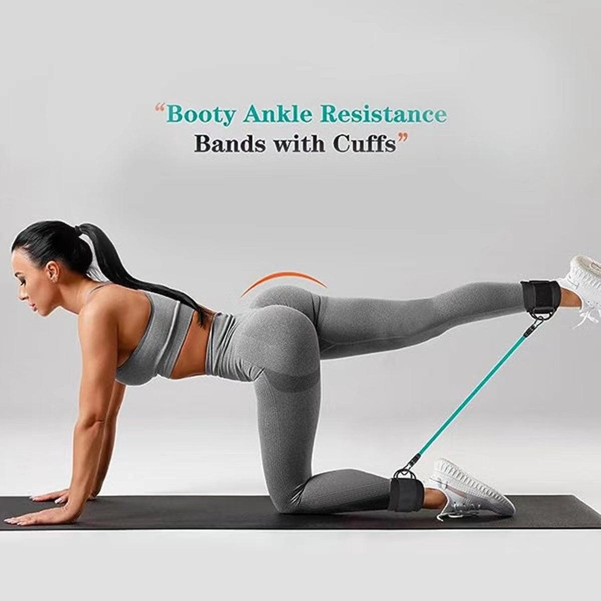 Ankle Strap Resistance Bands Hip Leg Strength used by a woman exercising on a mat with cuffs for resistance training.