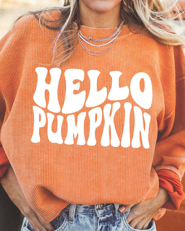 Round Neck Dropped Shoulder HELLO PUMPKIN Graphic Sweatshirt