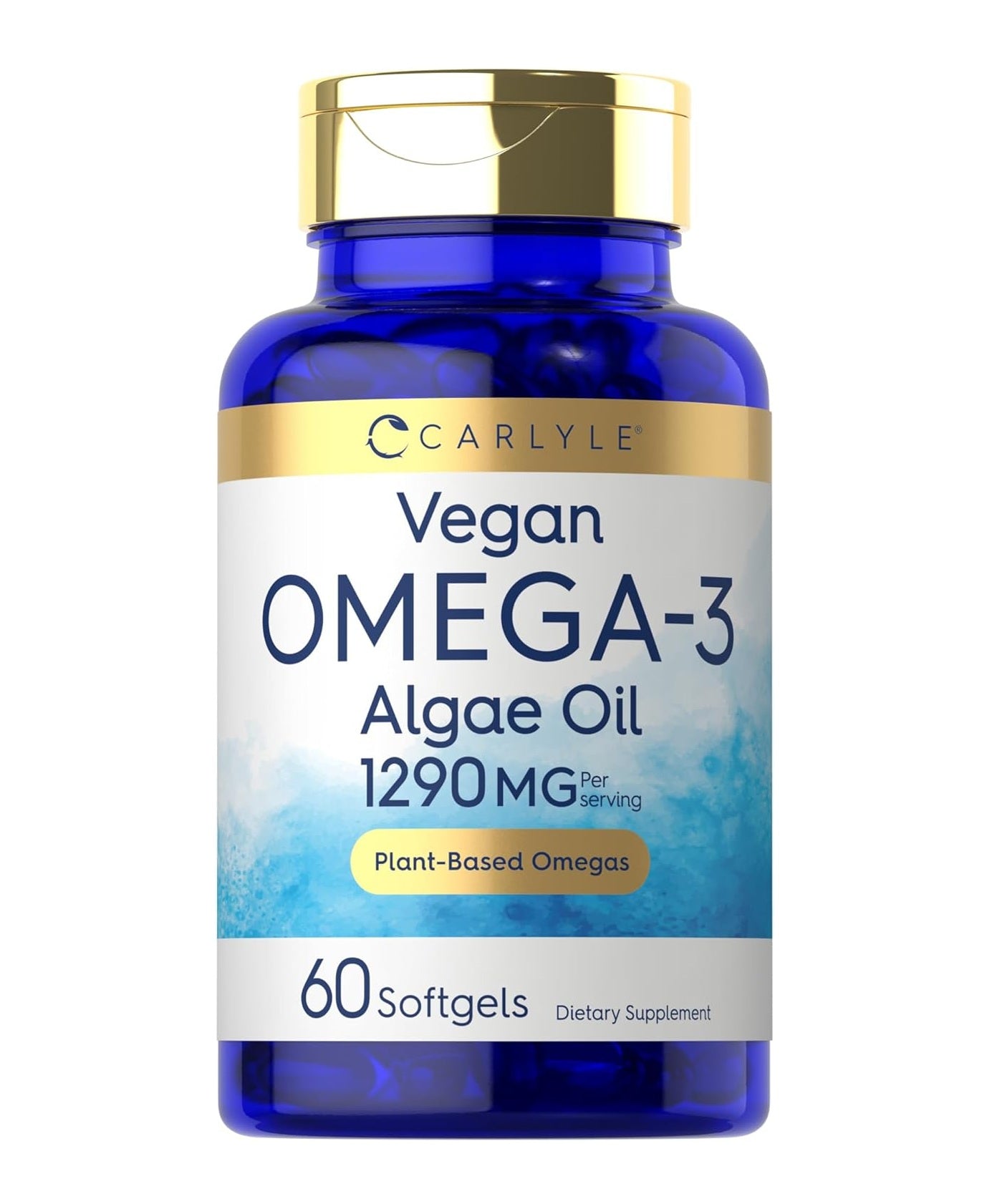 Carlyle Vegan Plant Based Omega 3 Supplement - 1290 mg bottle containing 60 softgels with algae oil.