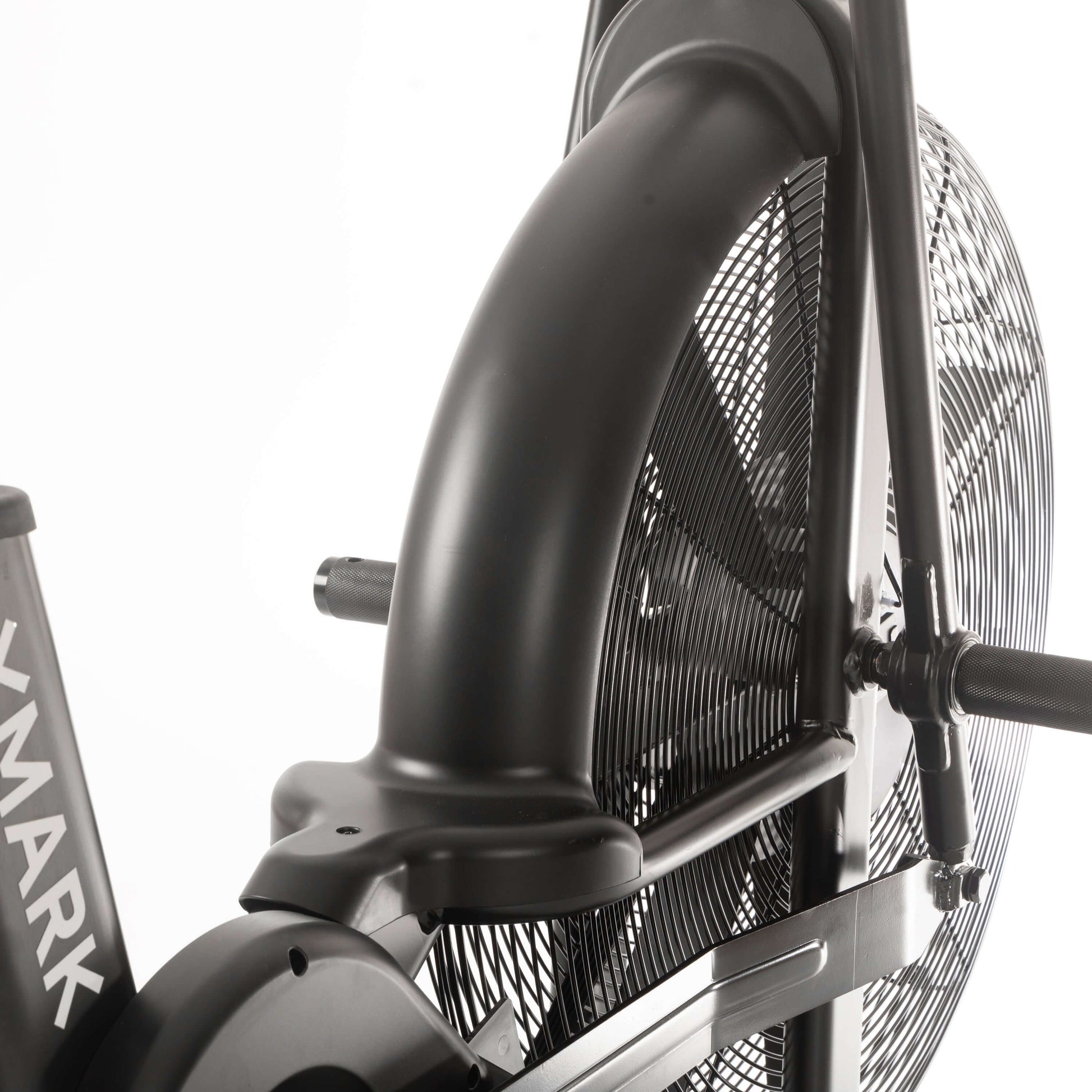 Close-up of the CAT 3 Hurricane Commercial Air Bike's fan and handlebar, showcasing its robust design.