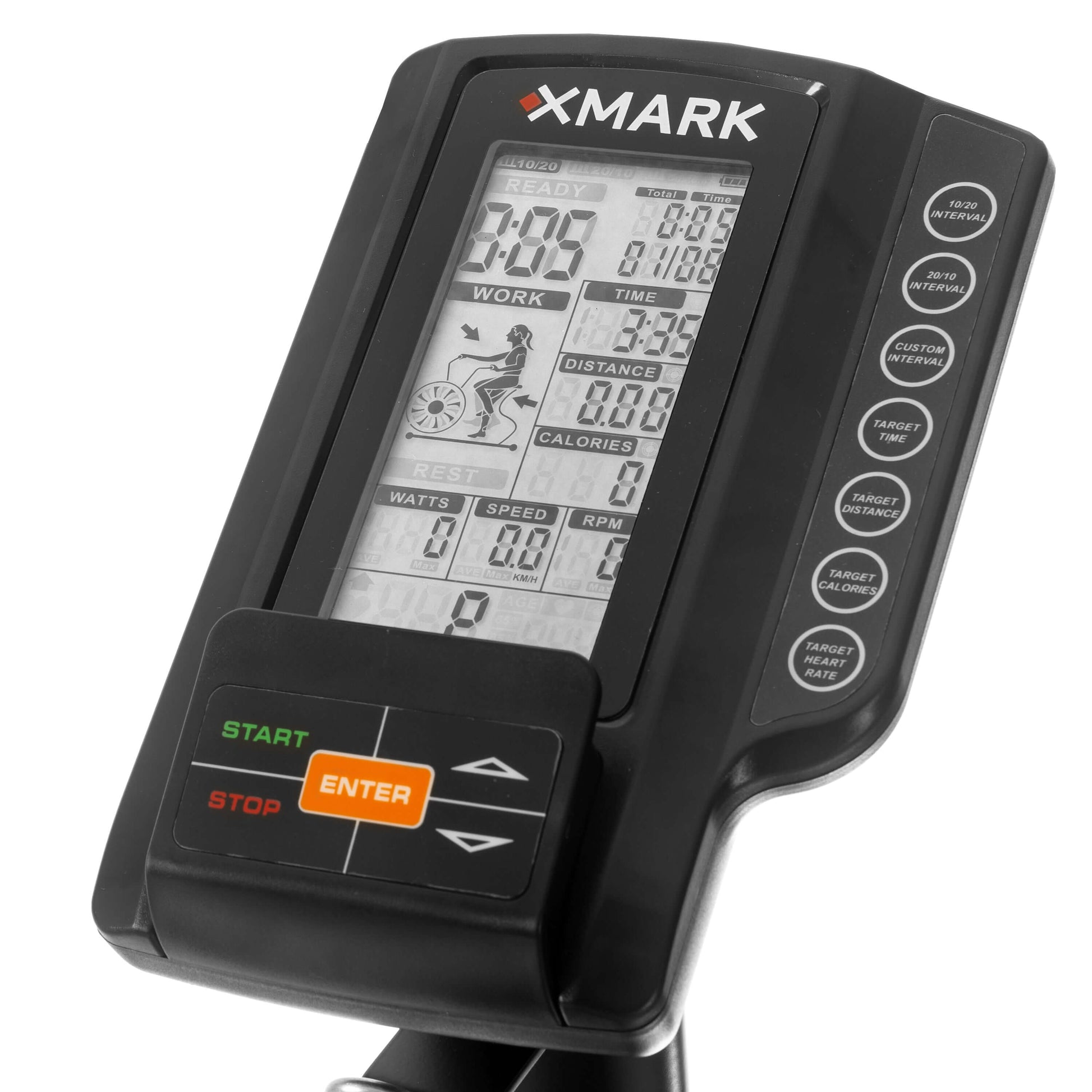 XMARK air bike console displaying time, distance, calories, and workout metrics for fitness enthusiasts.