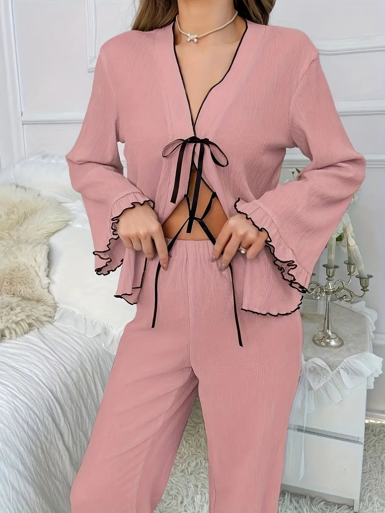 Frill Trim Bow Tie Shirt and Pants Lounge Set featuring bell sleeves and frill trim, shown in soft pink color.