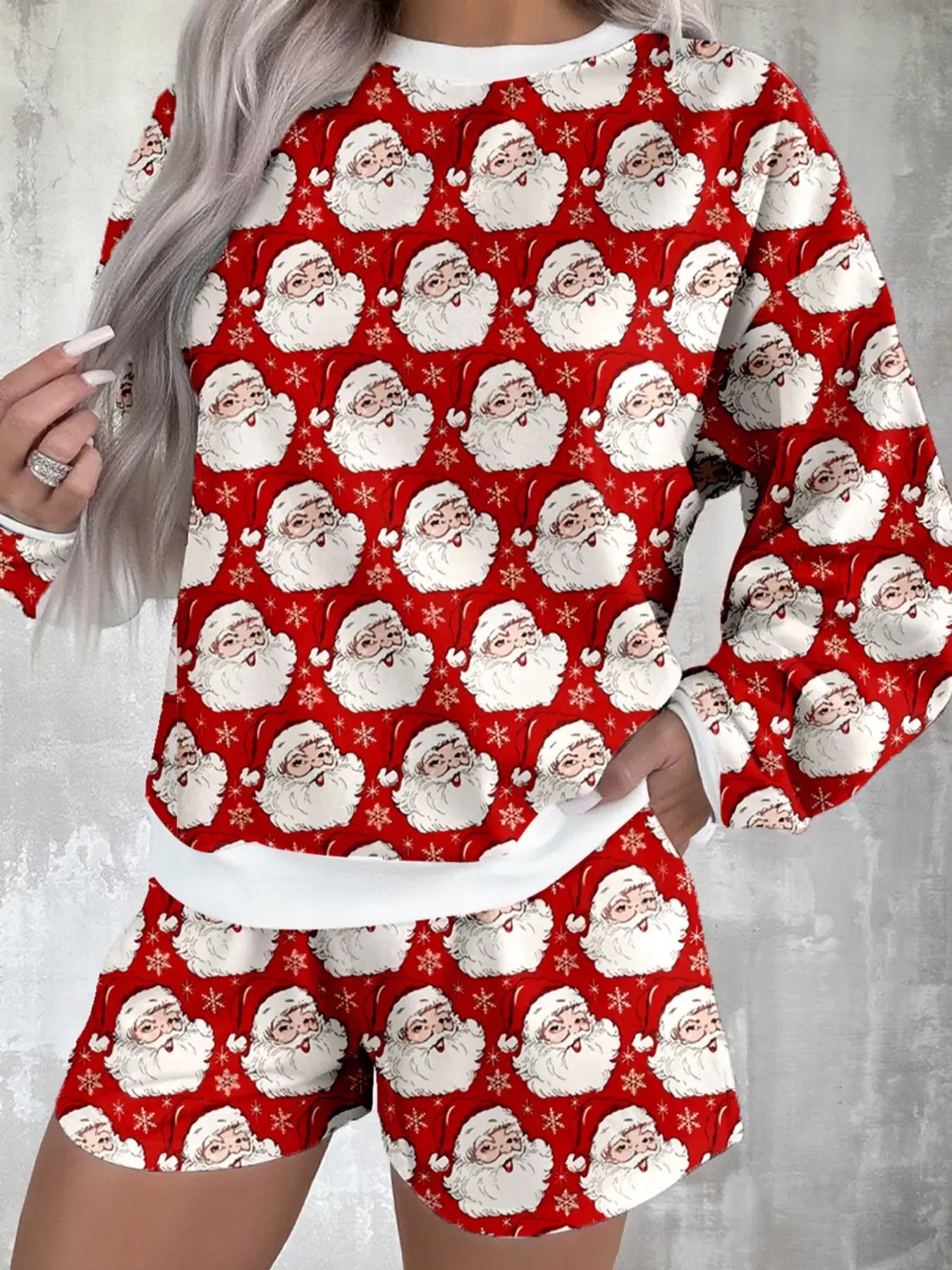 Christmas Santa Print Round Neck Top and Shorts Lounge Set featuring a festive Santa pattern.