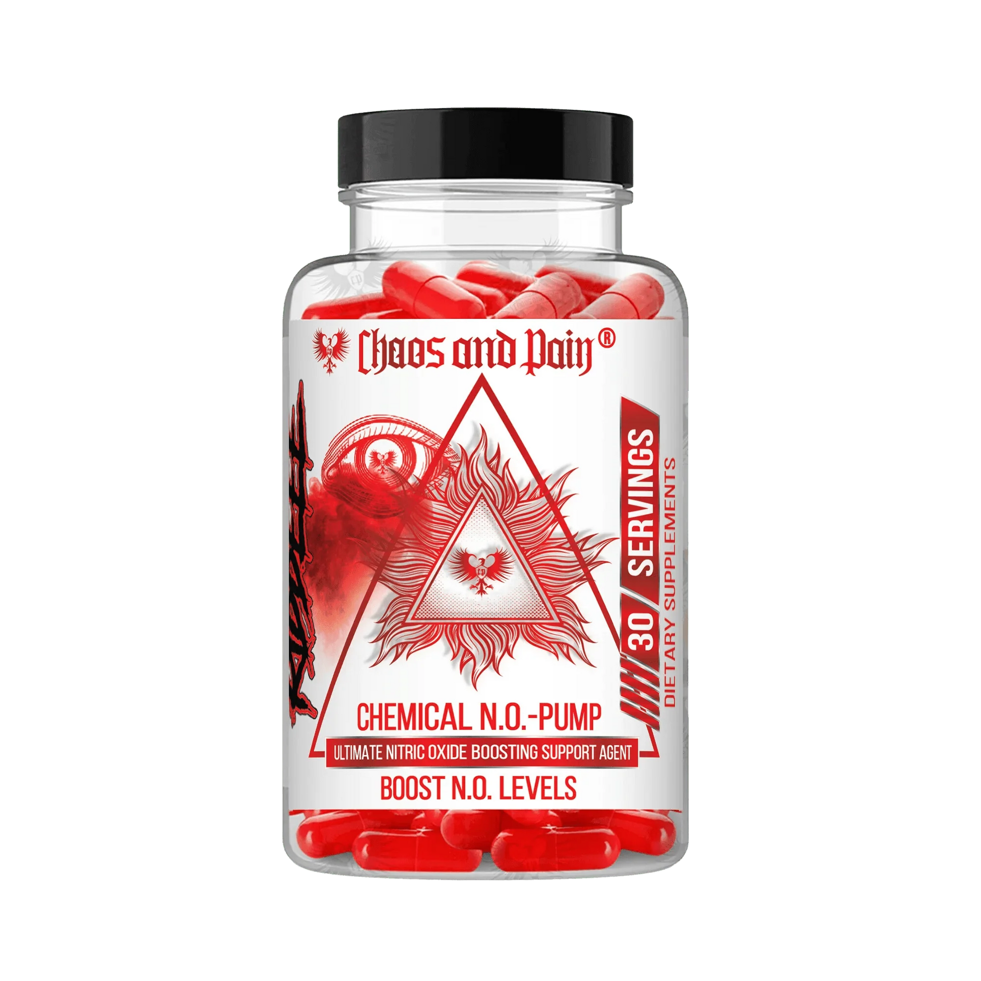 Chaos and Pain Chemical N.O. PUMP capsules for nitric oxide boosting and enhanced workout performance.
