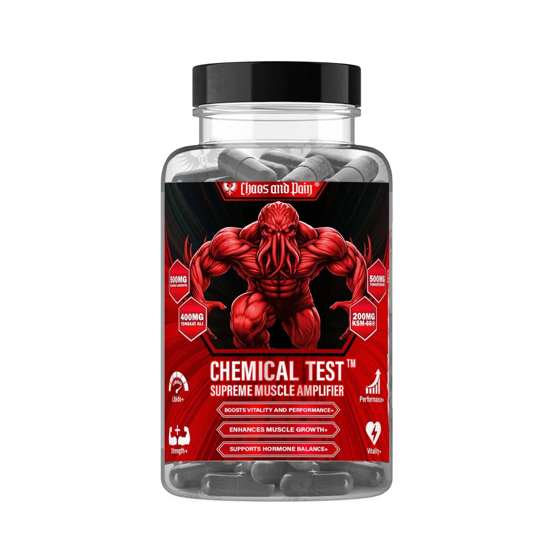 CHaos and Pain Chemical Test - Supreme Muscle Amplifier supplement bottle showcasing muscle growth and testosterone support.
