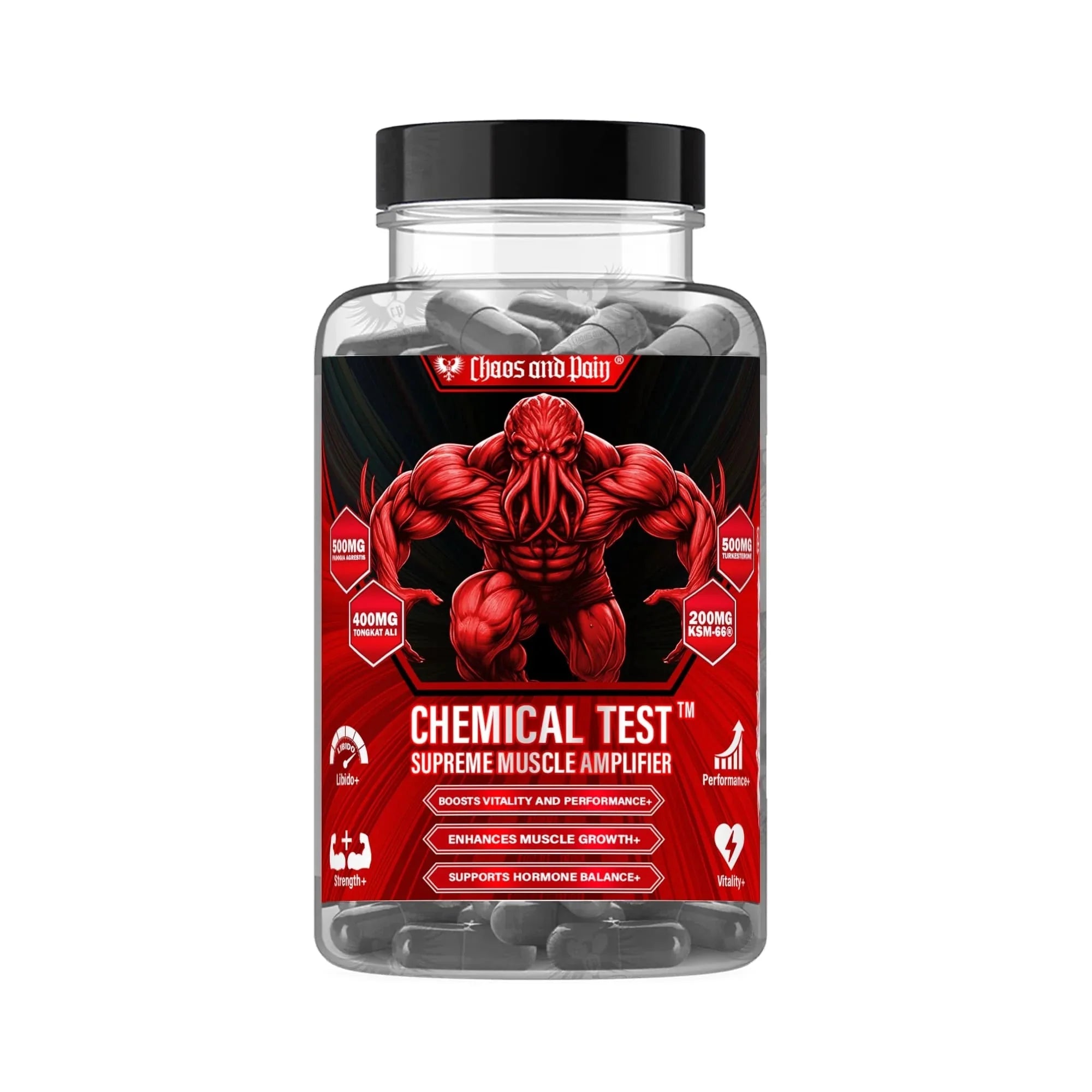 CHaos and Pain Chemical Test - Supreme Muscle Amplifier supplement bottle showcasing muscle growth and testosterone support.