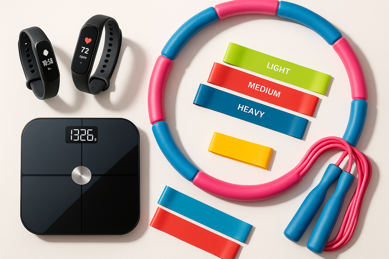 collage of fitness trackers, smart scales, resistance bands, hula hoops, and jump ropes