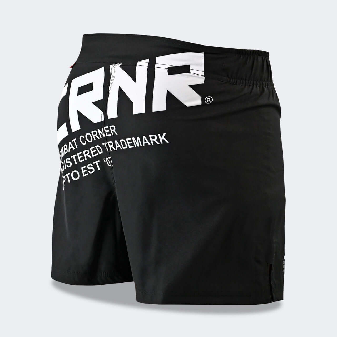 CROSS TRAINER SHORTS by Combat Corner, lightweight shorts for martial arts training, mid thigh cut, black with logo