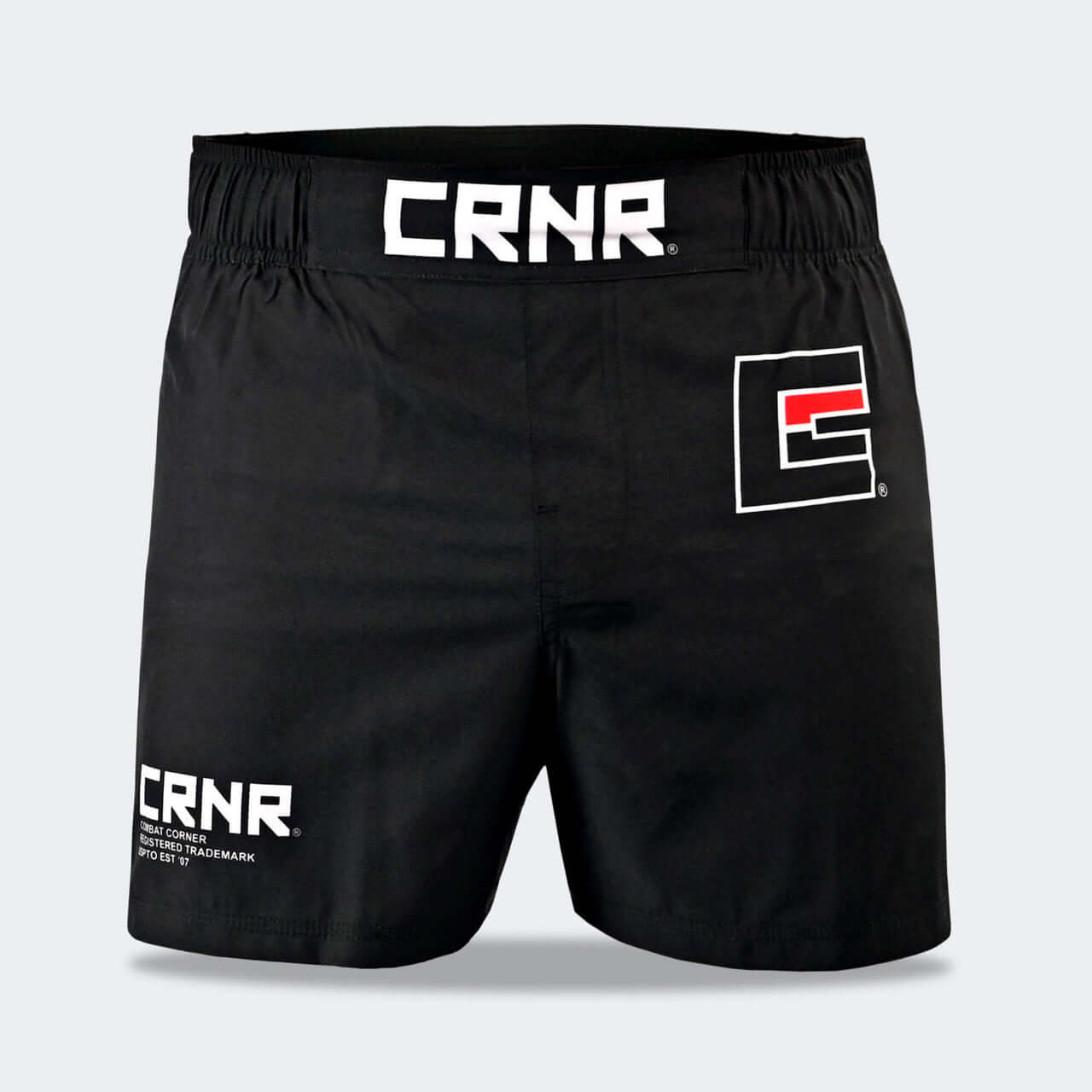 CROSS TRAINER SHORTS by Combat Corner in black with CRNR logo for athletic training and martial arts.