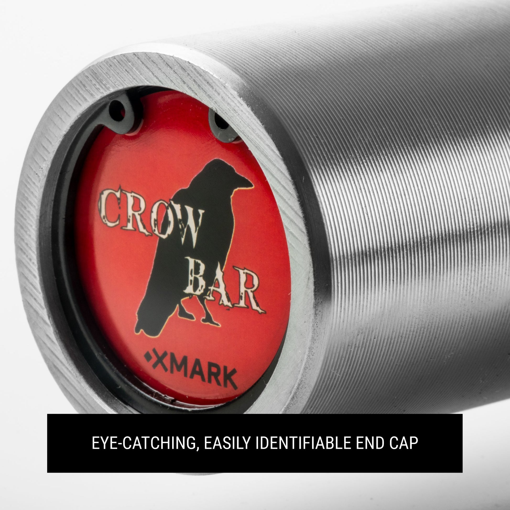 Crowbar EZ Curl Barbell Fits Olympic Plates end cap with eye-catching logo and design