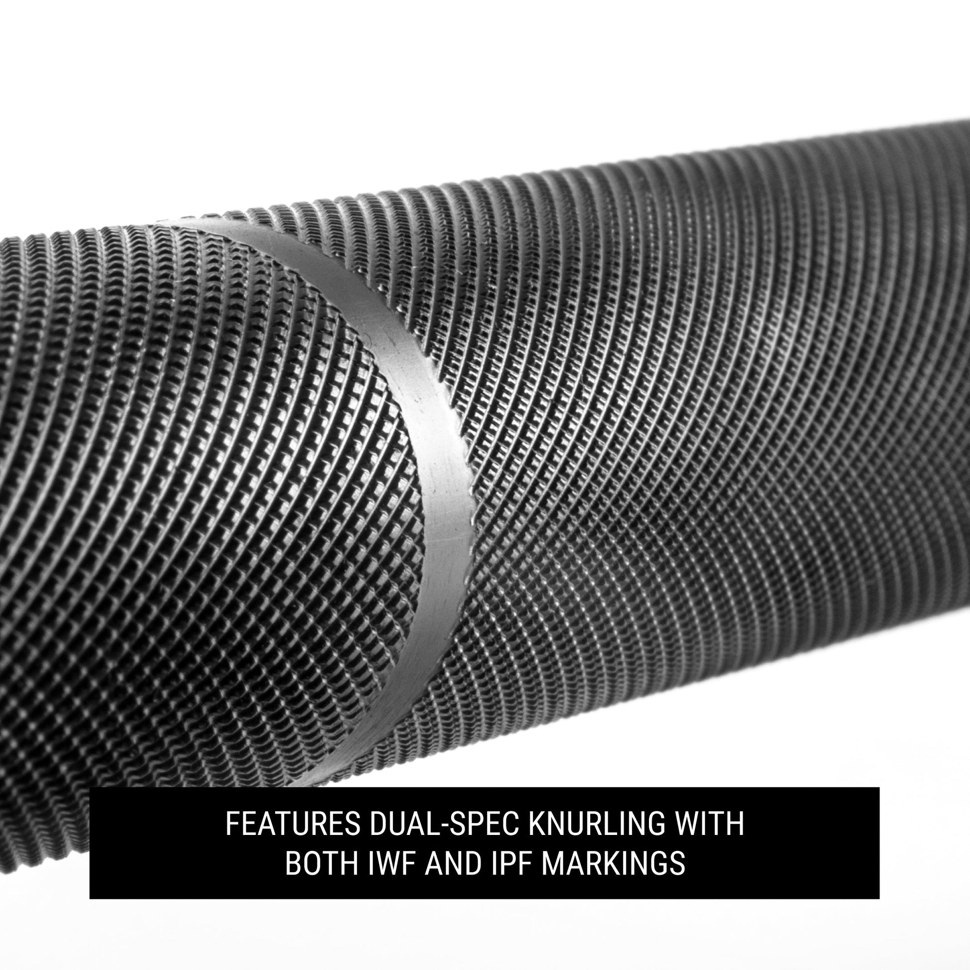 Crowbar 7ft Olympic Weightlifting Bar features dual-spec knurling with both IWF and IPF markings for enhanced grip.