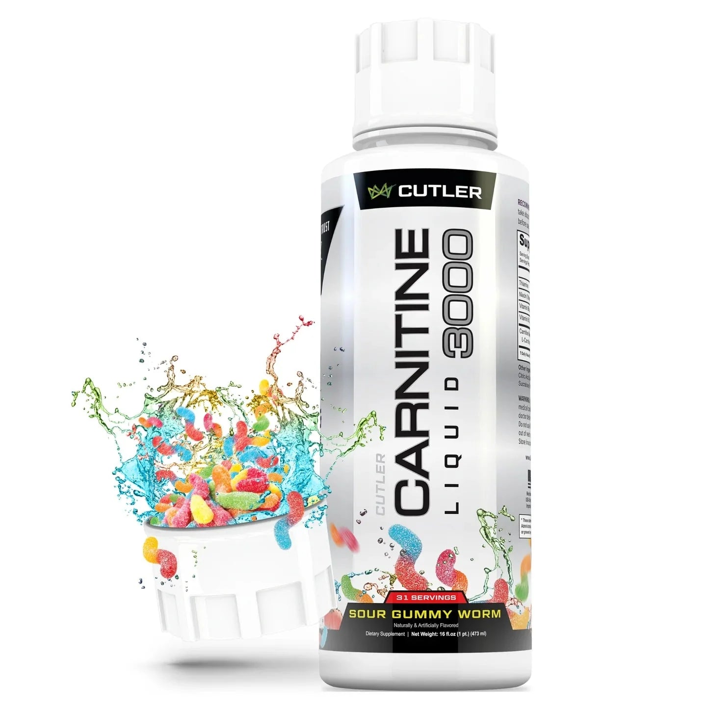 Cutler Liquid L-Carnitine 3000 bottle with colorful gummy worms and splashes, promoting fat metabolism and endurance.