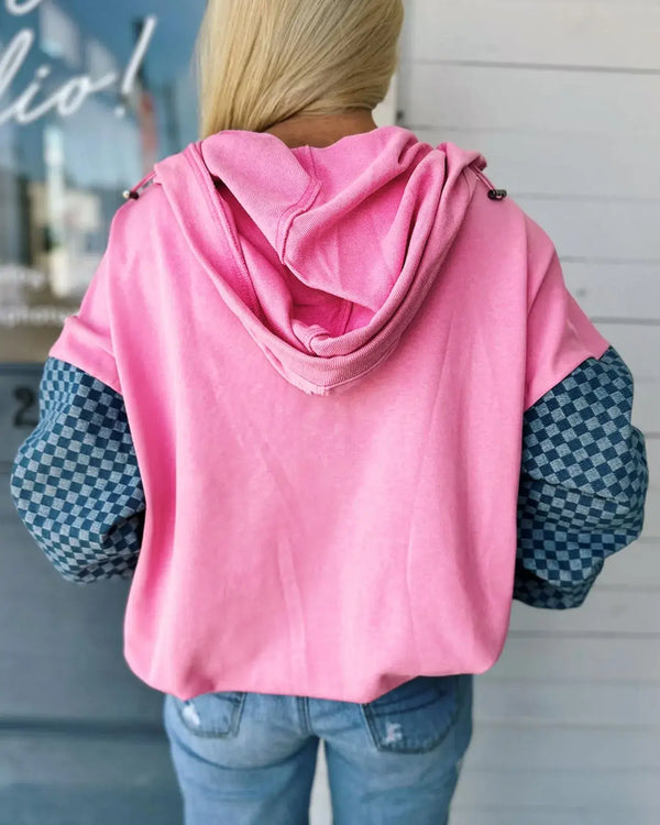 Half Zip Checkered Sleeve Hoodie