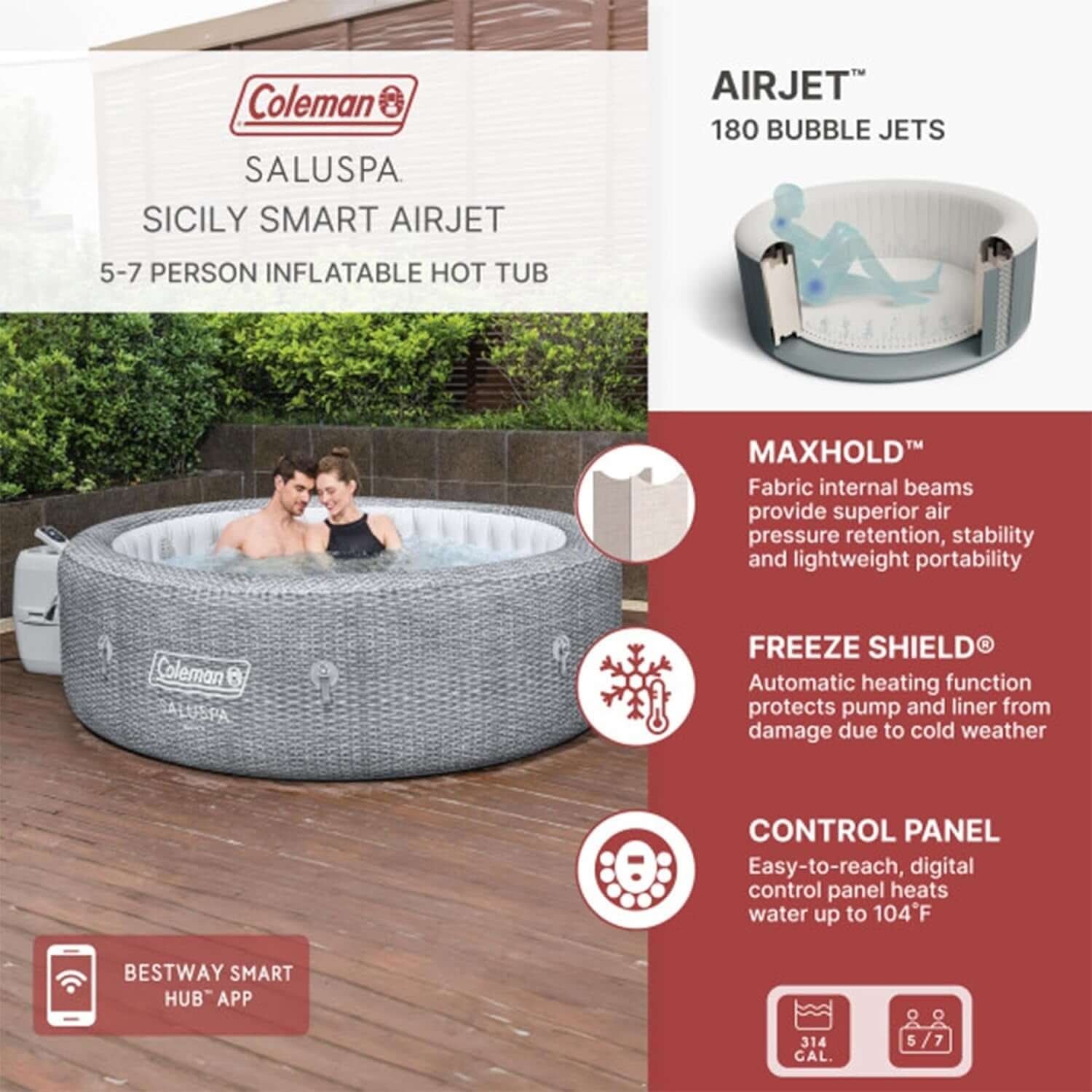 7 Person Gray Inflatable Hot Tub 180 Jets