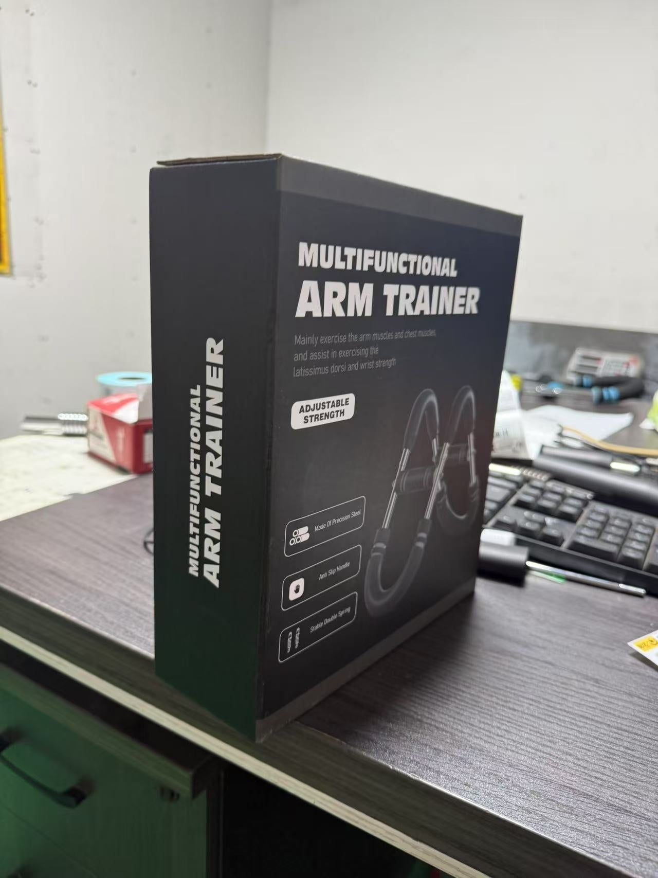 Multi-functional U-shaped Resistance product box showing features and adjustable structure for arm training.