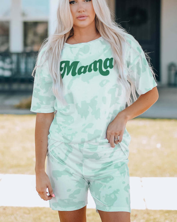Women Printed Letter Graphic Lounge Set featuring a green camo design and 'Mama' print on the top.