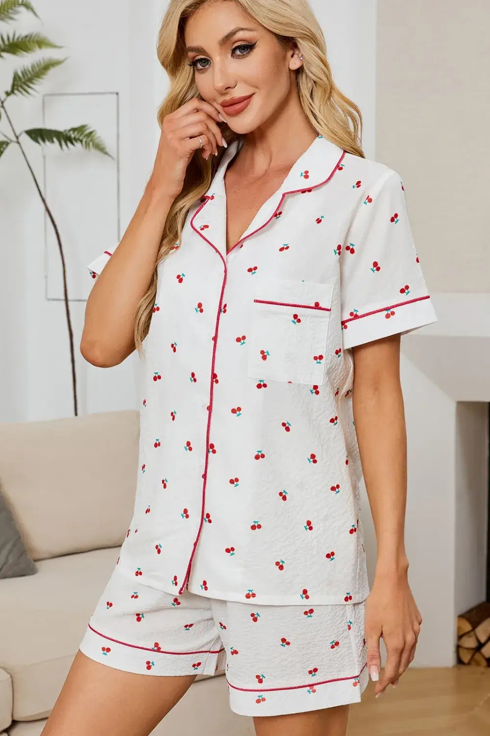 Cherry Print Collared Neck Top and Shorts Lounge Set featuring pocketed design and buttoned collar.
