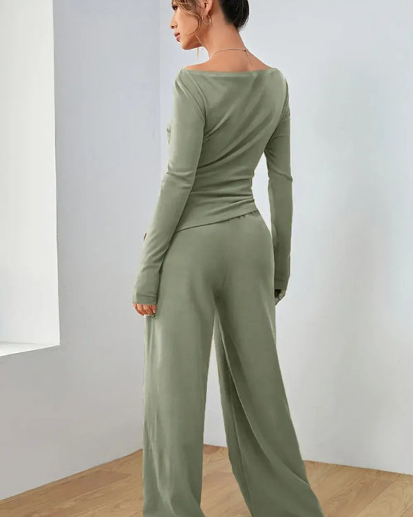 Boat Neck Long Sleeve Top and Pants Set