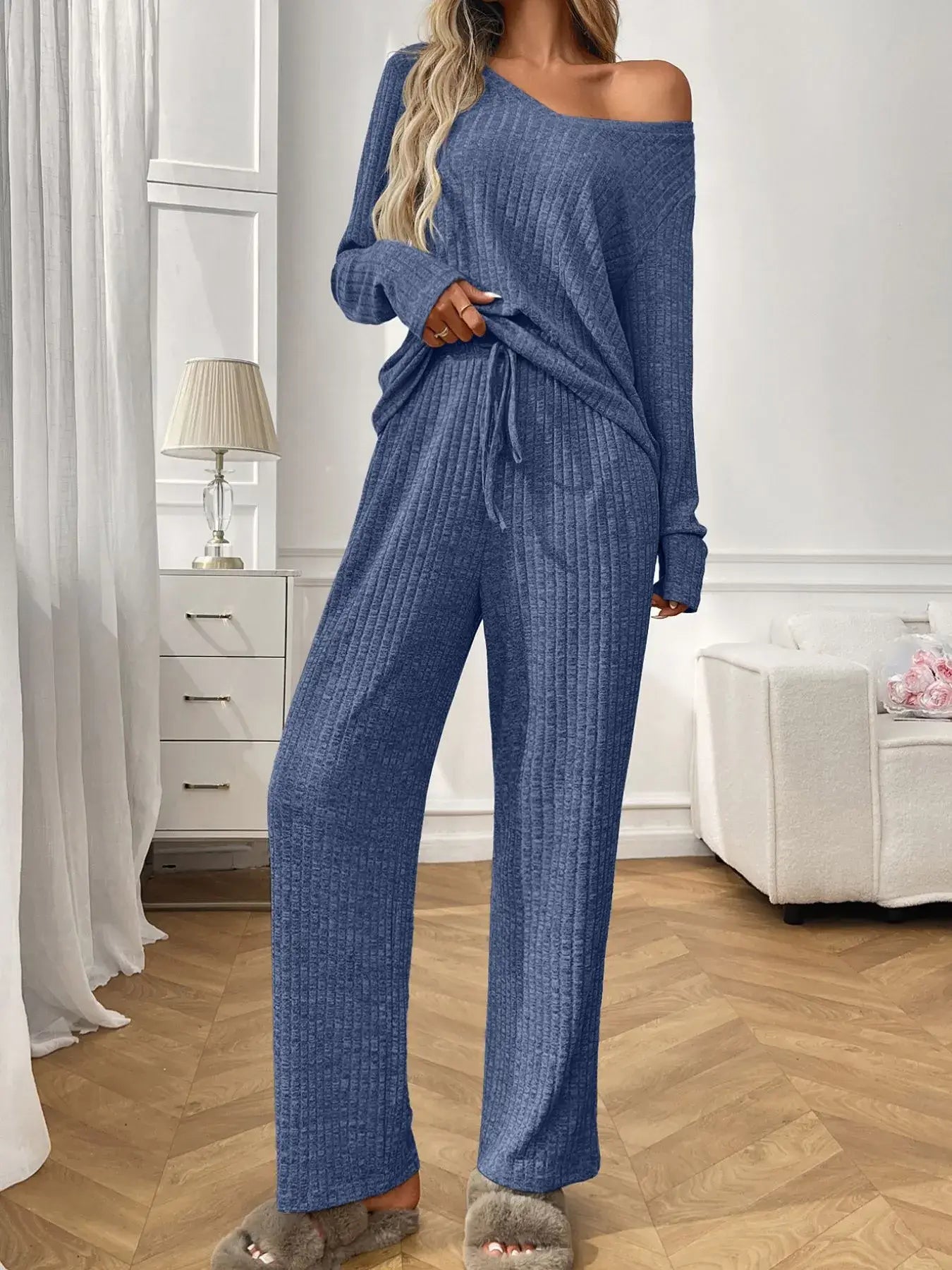 Ribbed Long Sleeve Top and Pants Lounge Set in blue, featuring a tied drawstring and slightly stretchy material.