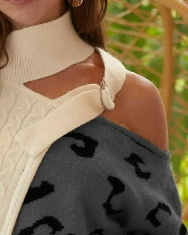 BiBi Cable-Knit Color Block One Shoulder Asymmetrical Sweater