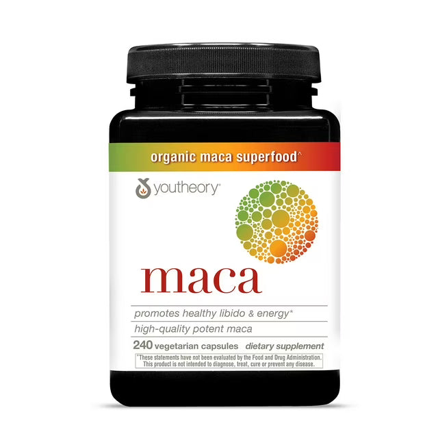 Youtheory Organic Maca Capsules - 240 Veg Capsules for energy, vitality, and hormonal balance, adaptogenic supplement.