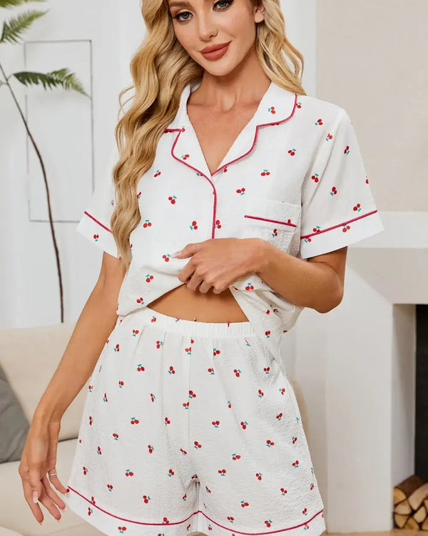 Cherry Print Collared Neck Top and Shorts Lounge Set featuring a pocketed design with buttoned details.