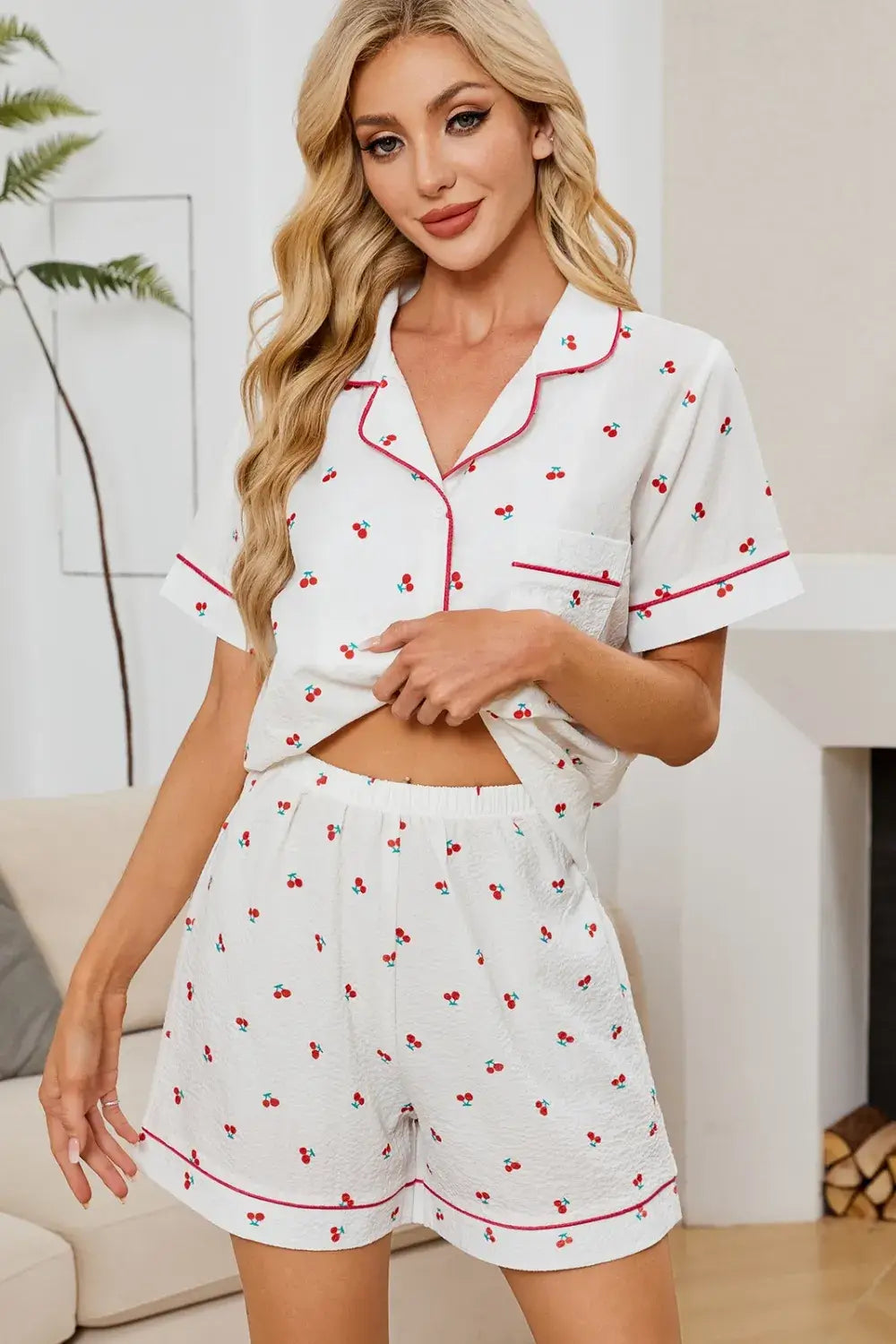 Cherry Print Collared Neck Top and Shorts Lounge Set featuring a pocketed design with buttoned details.