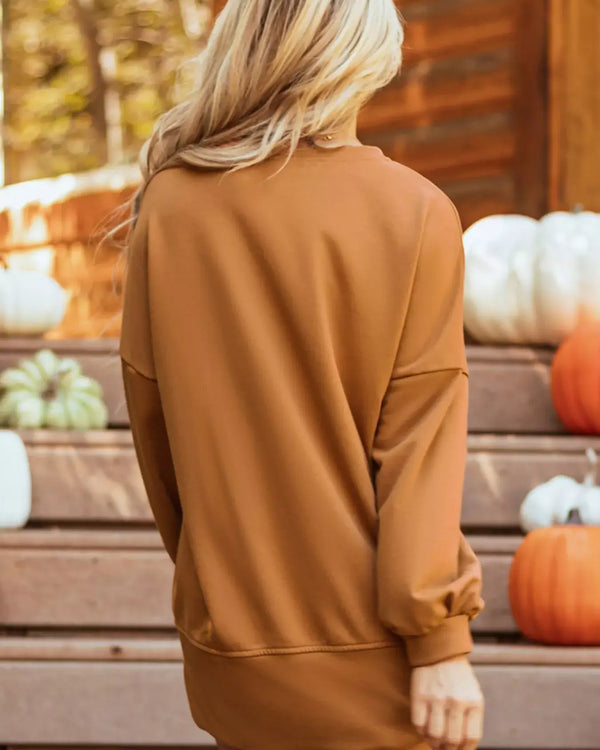 Happy Halloween Graphic Notched Long Sleeve Loose Top