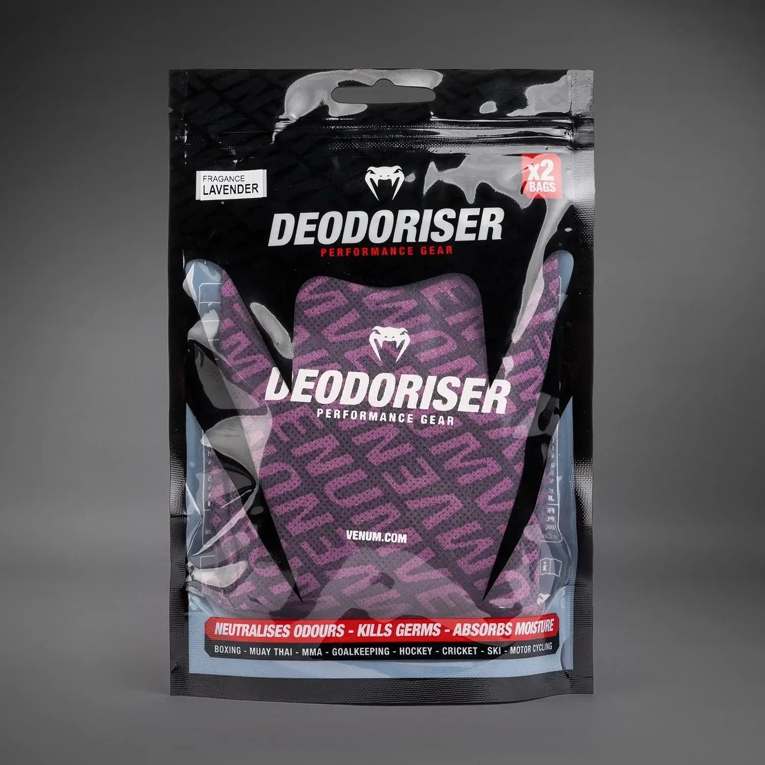 Venum Kontact Glove/Bag Deodoriser packaging featuring lavender scent, designed to neutralize odors and kill germs.