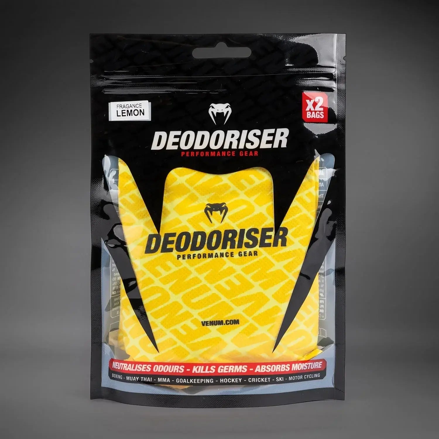 Venum Kontact Glove/Bag Deodoriser packaging featuring lemon fragrance, designed to neutralize odors and absorb moisture.