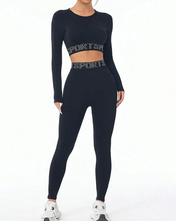 Letter Print Round Neck Long Sleeve Top and Leggings Set in black, featuring a stylish and sporty design.