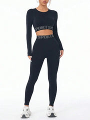 Letter Print Round Neck Long Sleeve Top and Leggings Set in black, featuring a stylish and sporty design.