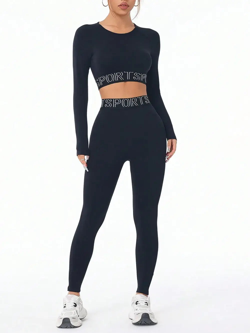 Letter Print Round Neck Long Sleeve Top and Leggings Set in black, featuring a stylish and sporty design.
