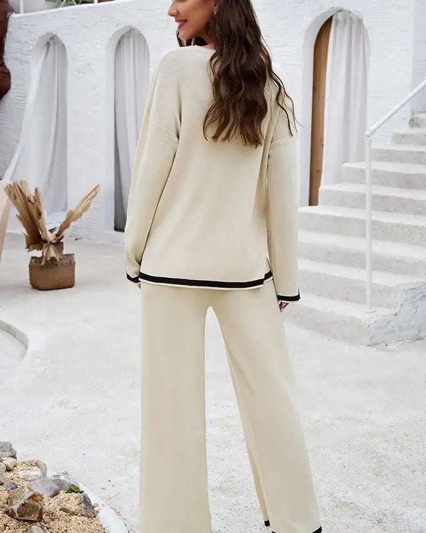 Devine Contrast Trim Round Neck Top and Pants Set