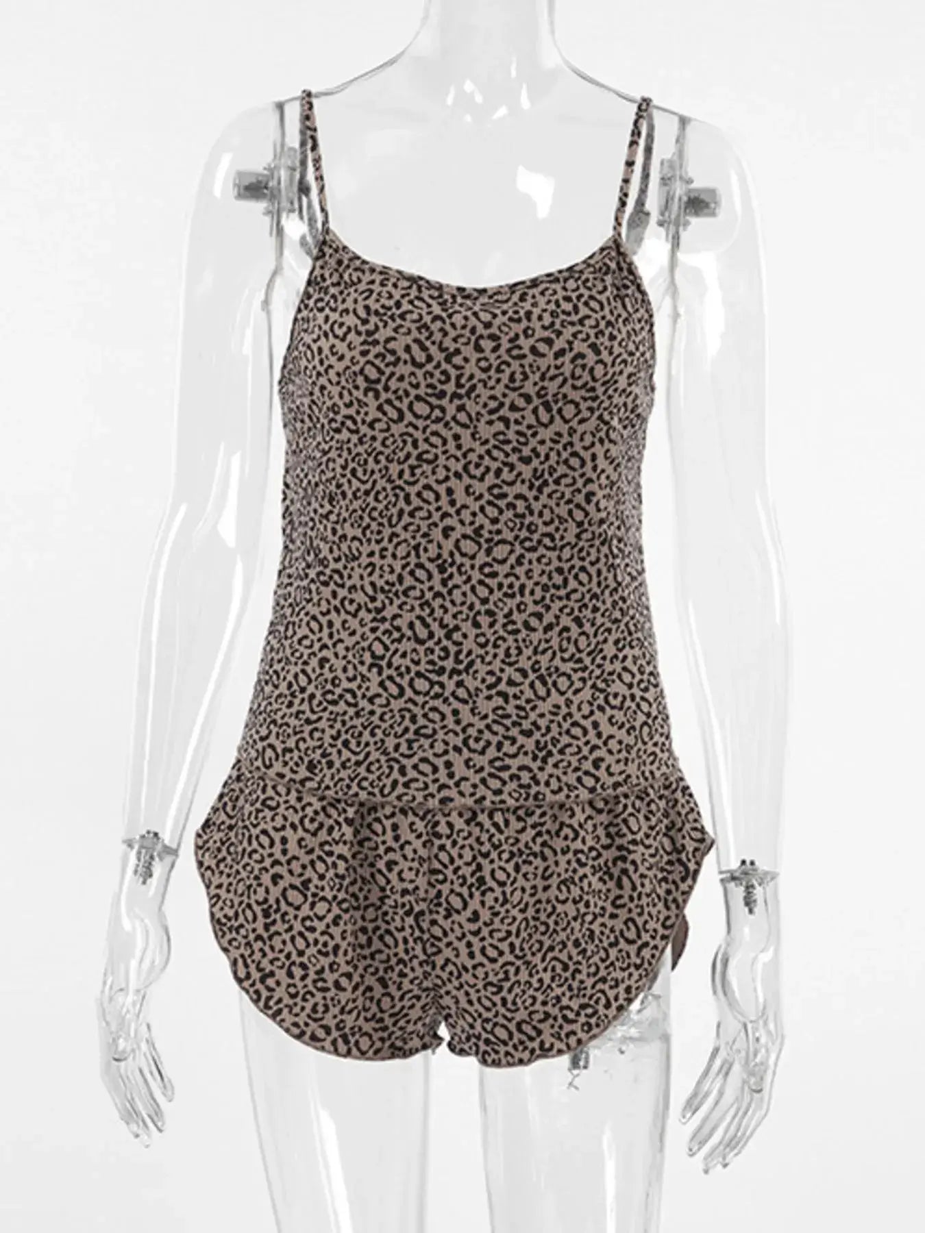 Leopard Cami Cardigan and Shorts 3-Piece Set displayed on a mannequin with a leopard print design.