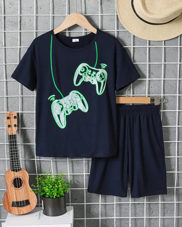 Children's Graphic Round Neck T-Shirt and Pants Set featuring gaming controller design on navy blue fabric.
