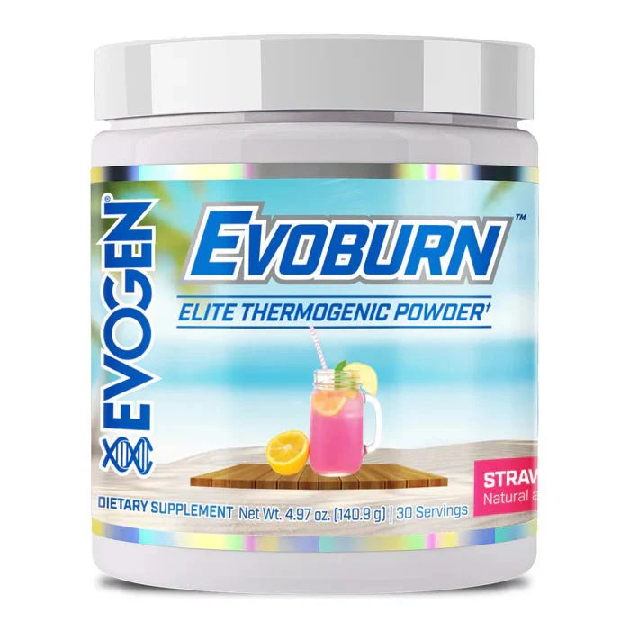 Evogen EvoBurn Thermogenic dietary supplement with strawberry flavor, 30 servings in a container.