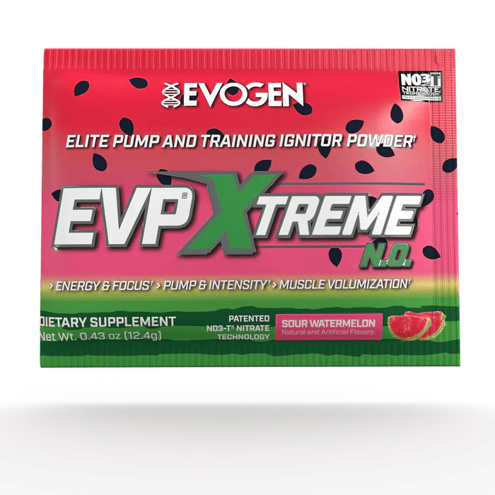 EVP Xtreme N.O. Pre-Workout Travel Packet in Sour Watermelon flavor for enhanced workout performance.