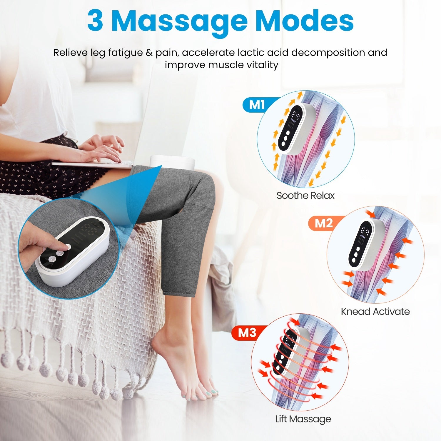 1Pc Cordless Leg Massager Air Compression Massager With Heat Thigh Knee Calf Massager With 3 Modes Adjustable Wrap For Pain Relief, showing 3 modes.
