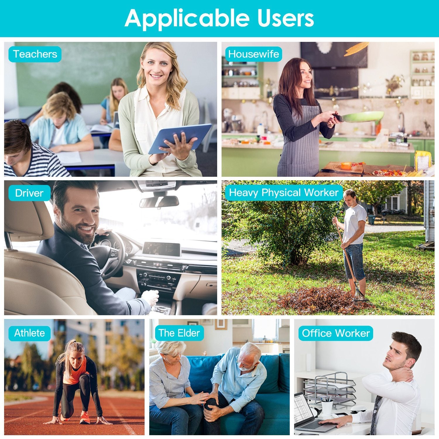 Image showcasing applicable users of the 1Pc Neck Roller Massager, including teachers, housewives, drivers, and office workers.
